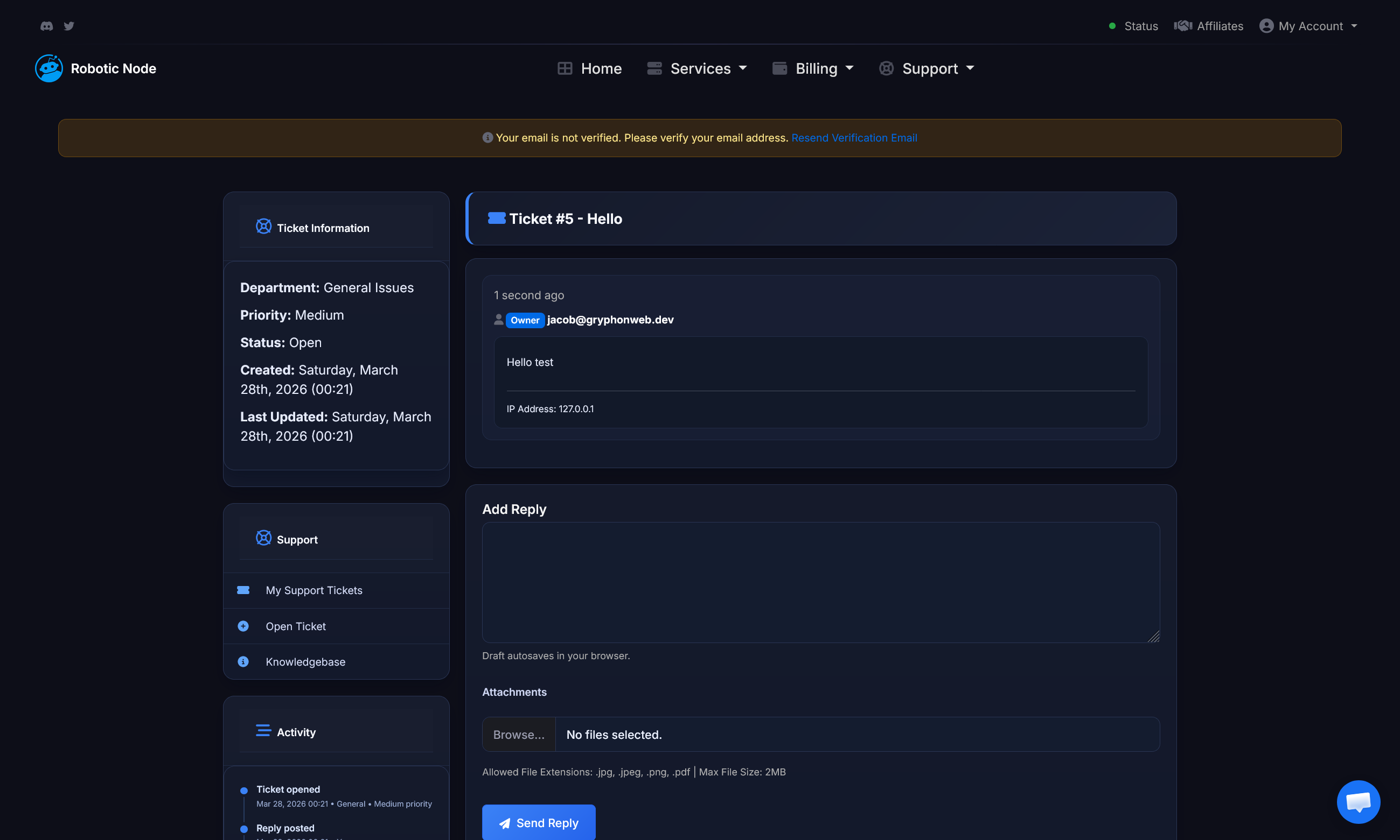 Robotic Node support ticket screen.